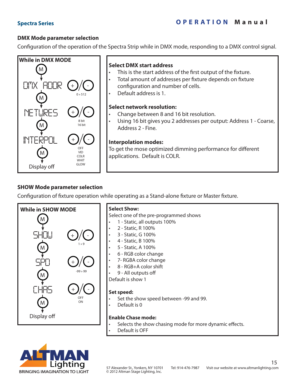 Dmx addr show netwres spd interpol chas, Lighting | Altman Lighting Spectra Series User Manual | Page 15 / 18