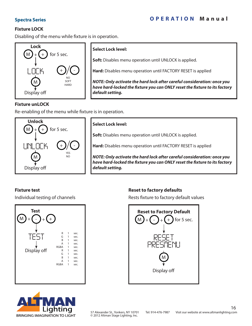 Lock unlock test reset presmenu, Lighting | Altman Lighting Spectra Series User Manual | Page 16 / 18