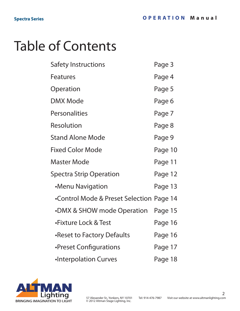 Altman Lighting Spectra Series User Manual | Page 2 / 18