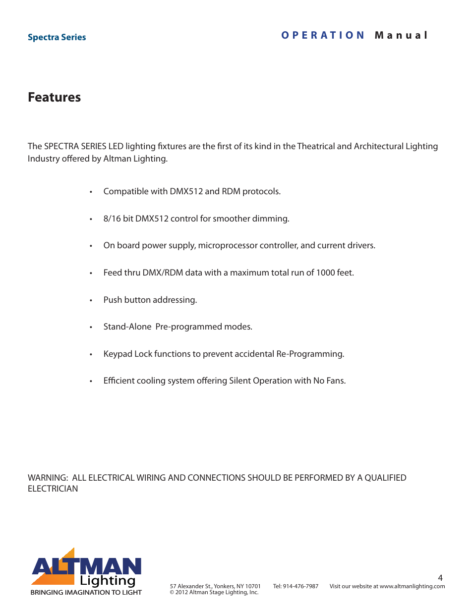 Features, Lighting | Altman Lighting Spectra Series User Manual | Page 4 / 18