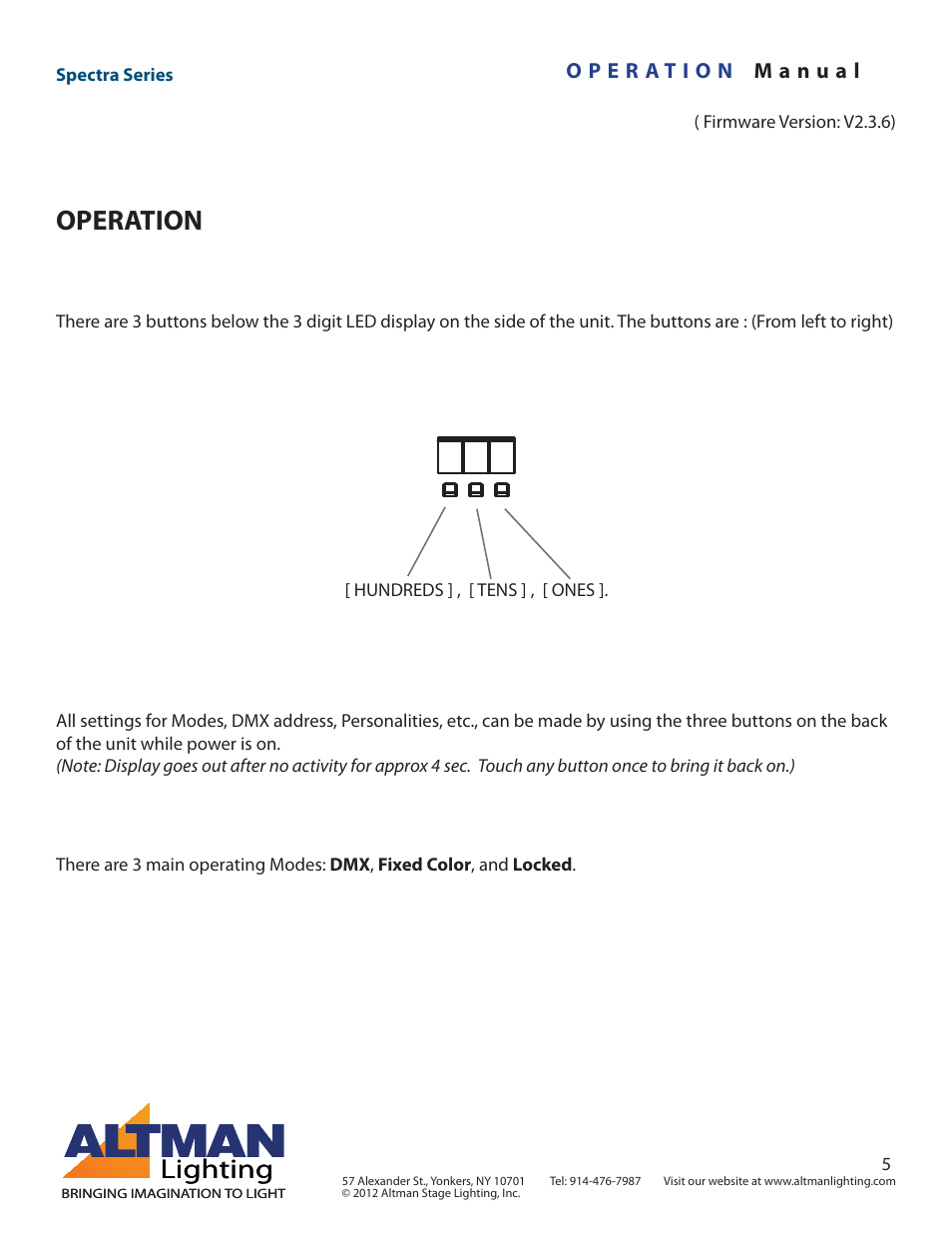 Operation, Lighting | Altman Lighting Spectra Series User Manual | Page 5 / 18