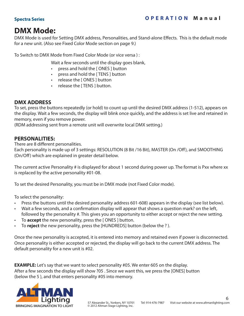 Dmx mode, Lighting | Altman Lighting Spectra Series User Manual | Page 6 / 18