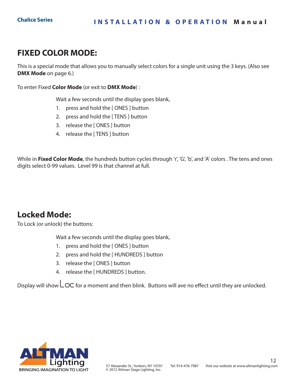 Fixed color mode, Locked mode, Lighting | Altman Lighting Chalice User Manual | Page 12 / 26