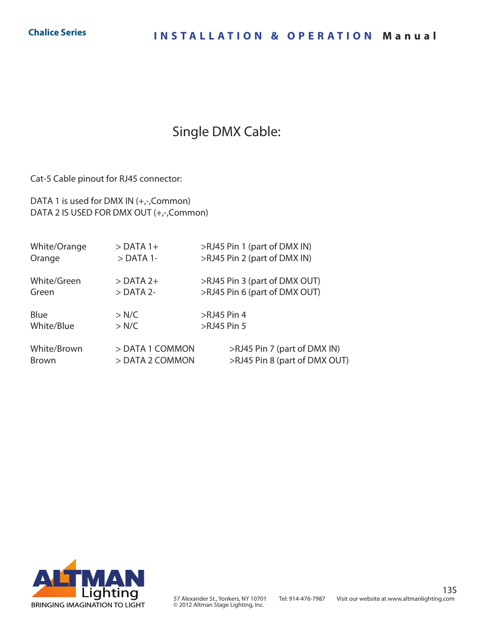 Single dmx cable, Lighting | Altman Lighting Chalice User Manual | Page 14 / 26