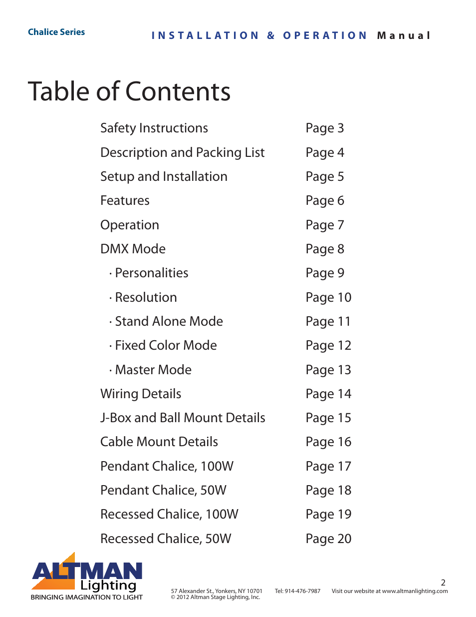 Altman Lighting Chalice User Manual | Page 2 / 26