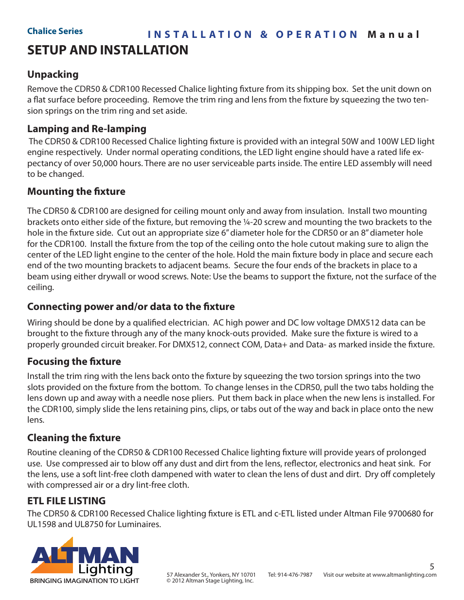 Setup and installation, Lighting | Altman Lighting Chalice User Manual | Page 5 / 26