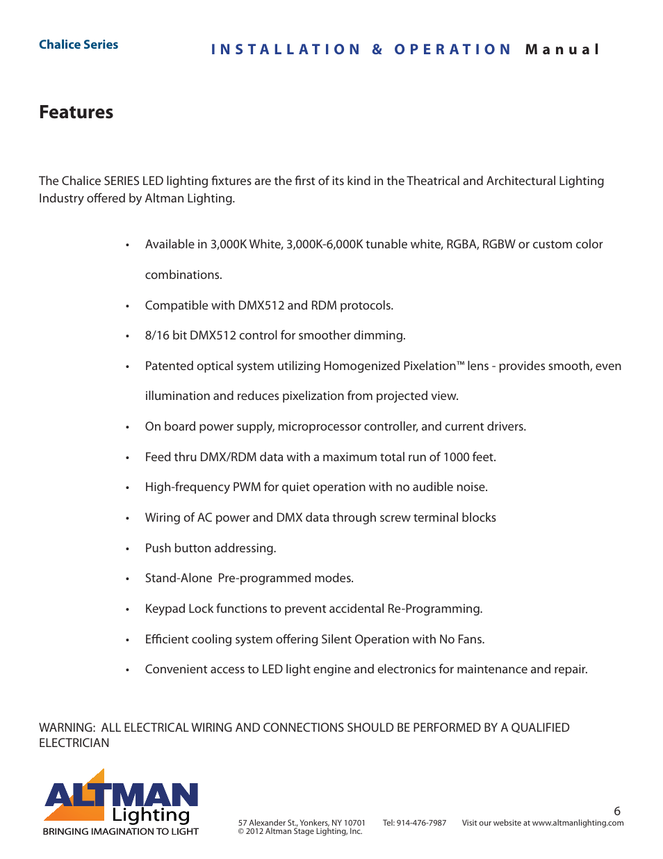 Features, Lighting | Altman Lighting Chalice User Manual | Page 6 / 26