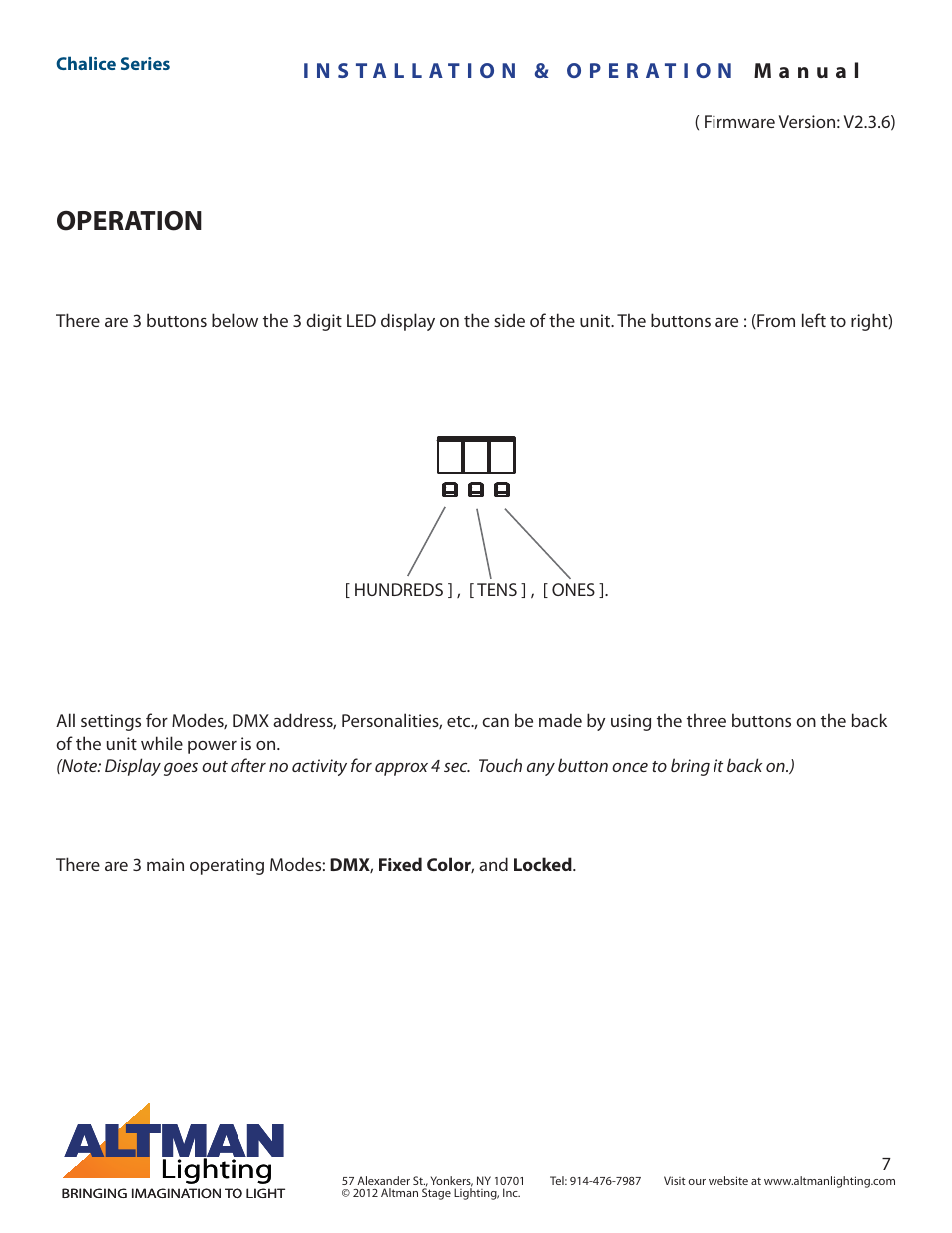 Operation, Lighting | Altman Lighting Chalice User Manual | Page 7 / 26