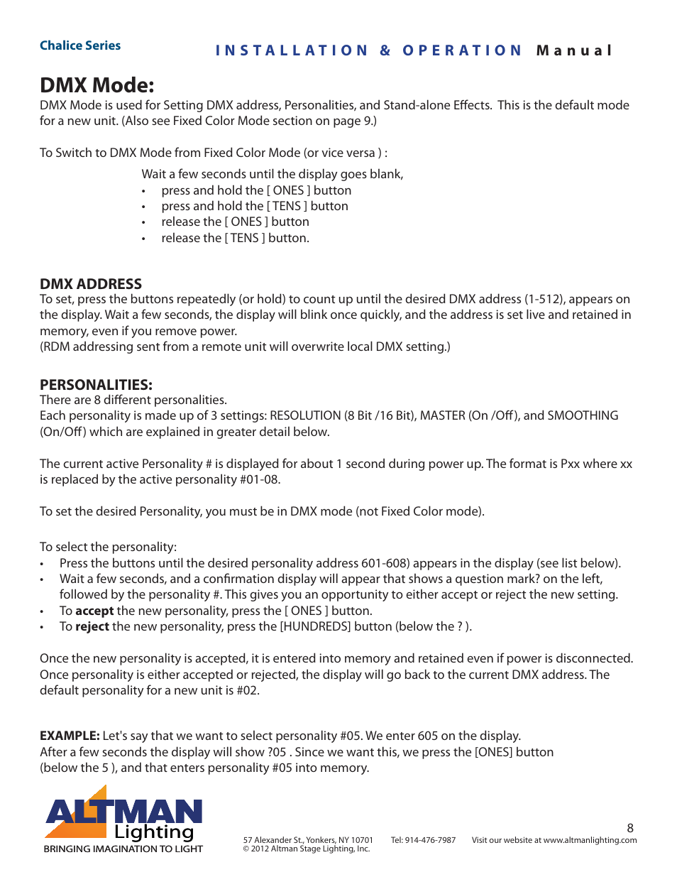 Dmx mode, Lighting | Altman Lighting Chalice User Manual | Page 8 / 26