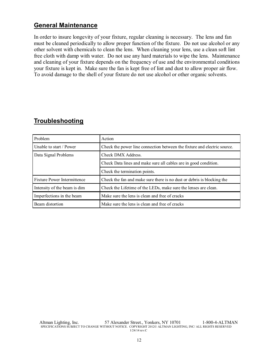 General maintenance, Troubleshooting | Altman Lighting Phoenix LED Profile Spot User Manual | Page 12 / 12