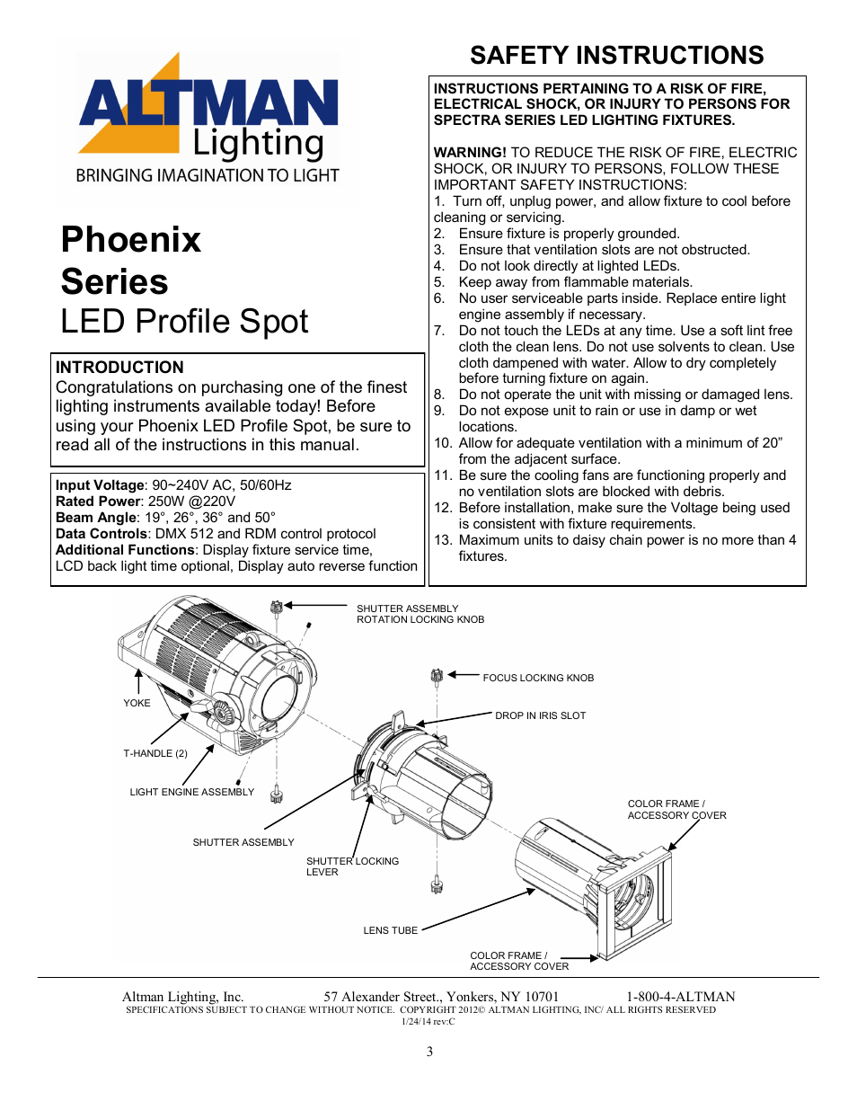 Phoenix series, Led profile spot, Safety instructions | Altman Lighting Phoenix LED Profile Spot User Manual | Page 3 / 12