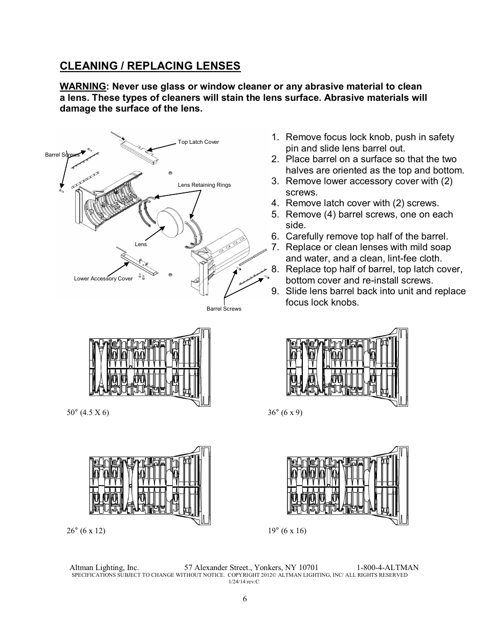 Cleaning / replacing lenses | Altman Lighting Phoenix LED Profile Spot User Manual | Page 6 / 12