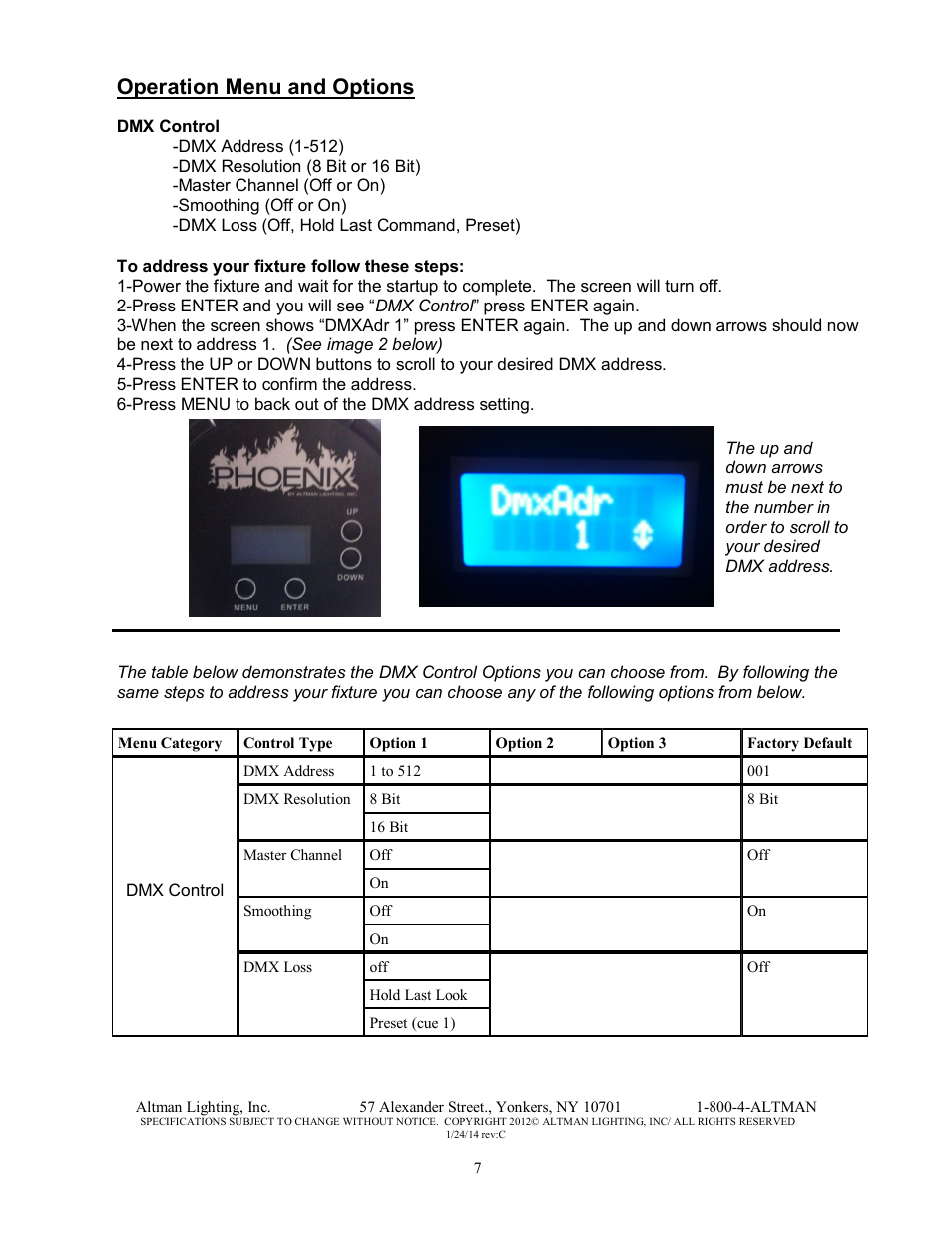 Operation menu and options | Altman Lighting Phoenix LED Profile Spot User Manual | Page 7 / 12