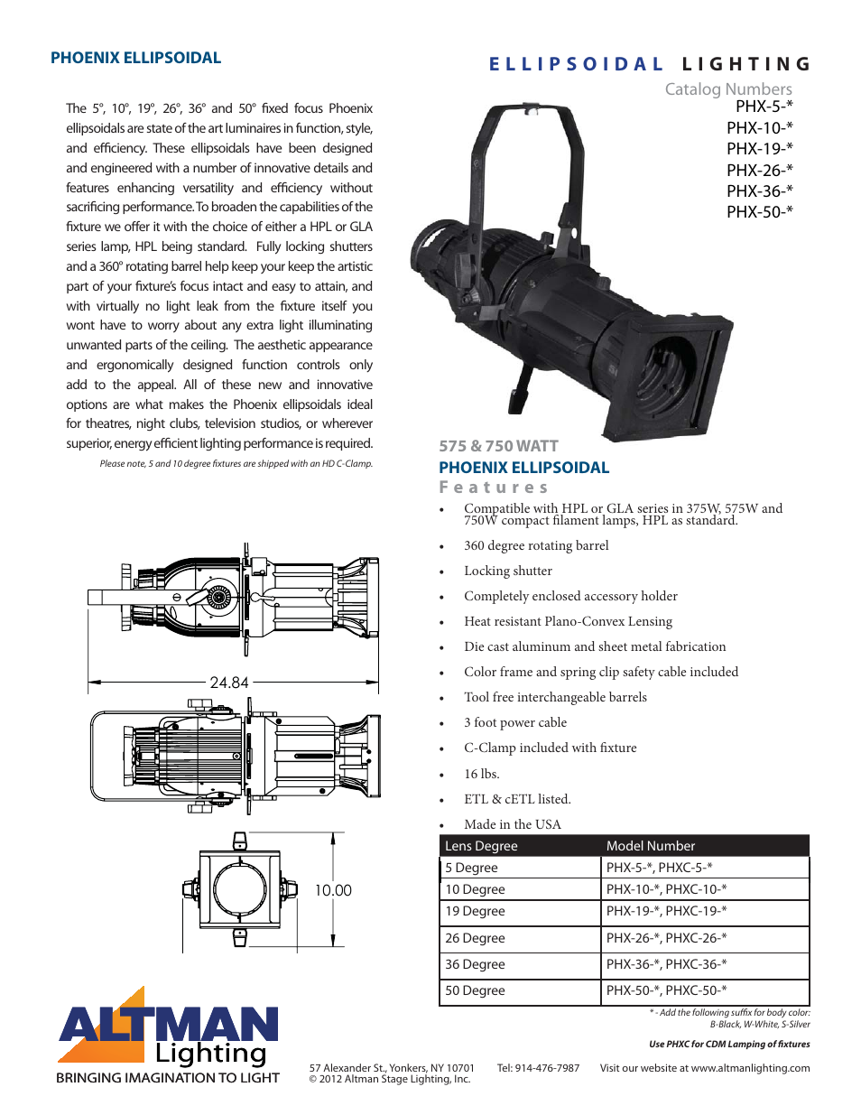 Altman Lighting Ellipsoidal - PHX User Manual | 2 pages