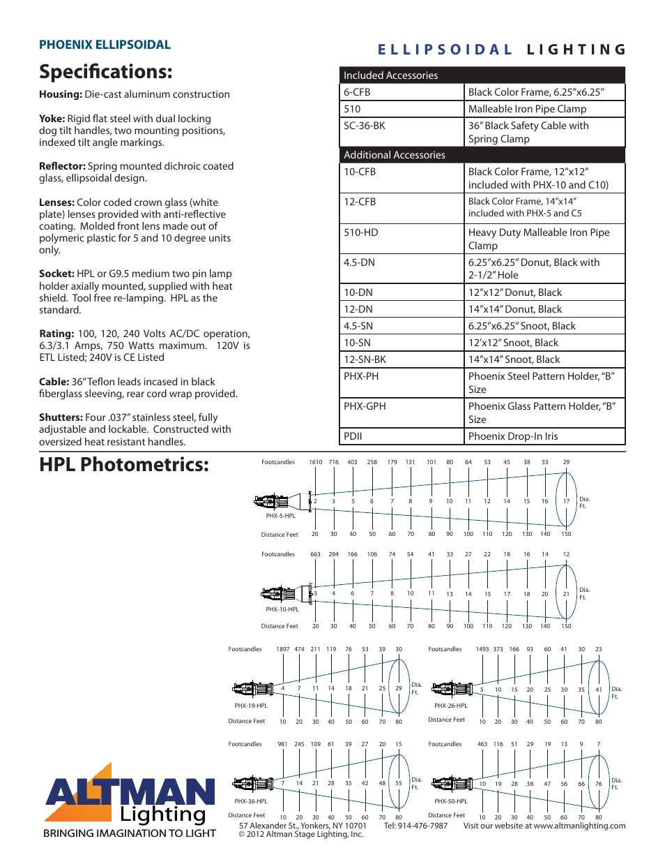 Lighting, Specifi cations, Hpl photometrics | Phoenix ellipsoidal, Bringing imagination to light | Altman Lighting Ellipsoidal - PHX User Manual | Page 2 / 2