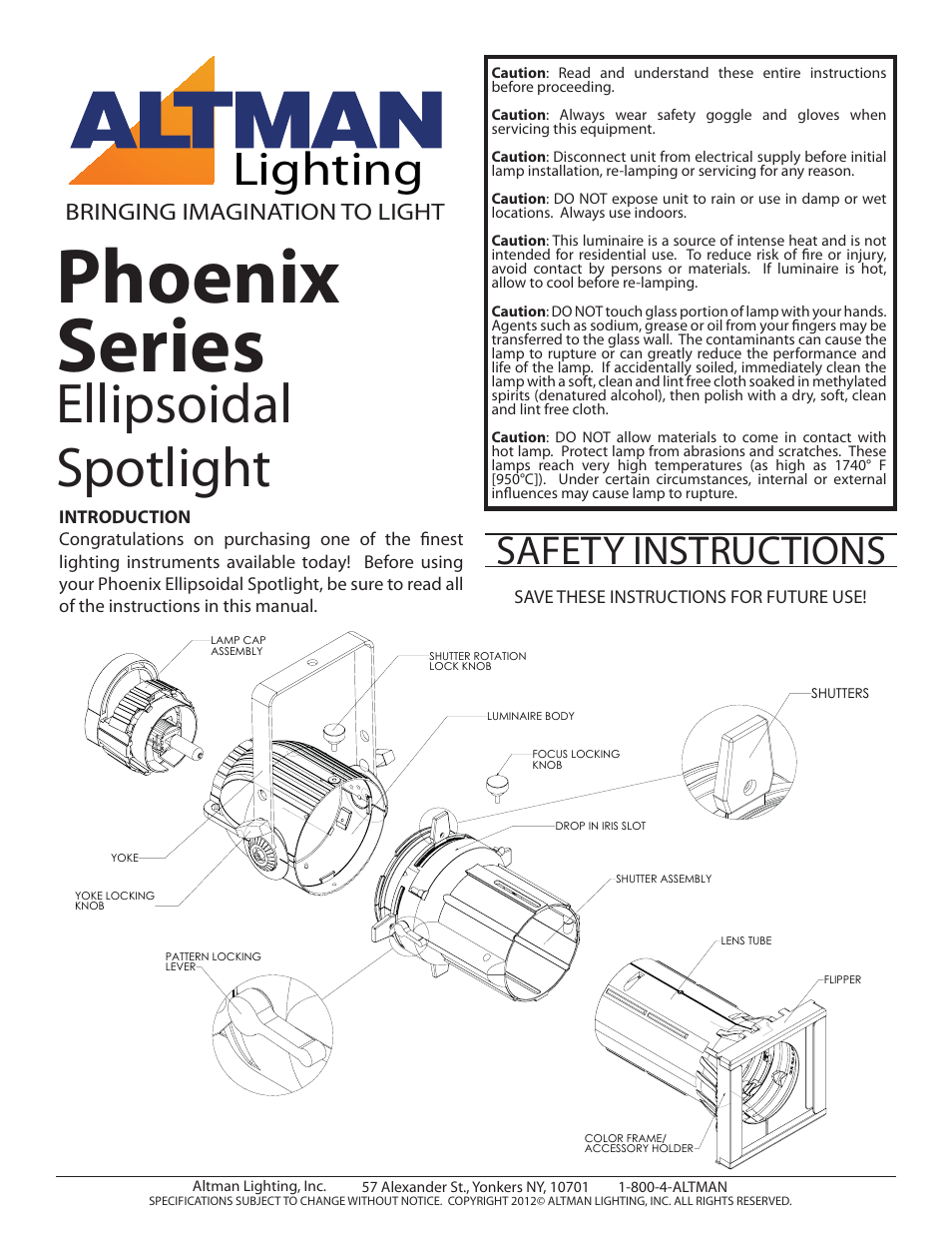 Altman Lighting Phoenix Series Ellipsoidal Spotlight User Manual | 4 pages