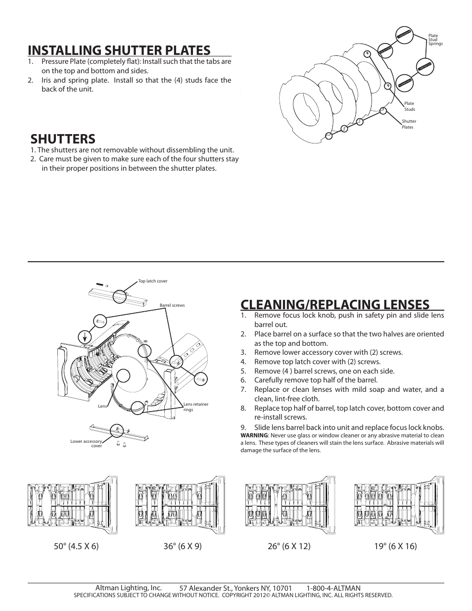 Installing shutter plates, Shutters, Cleaning/replacing lenses | Altman Lighting Phoenix Series Ellipsoidal Spotlight User Manual | Page 4 / 4