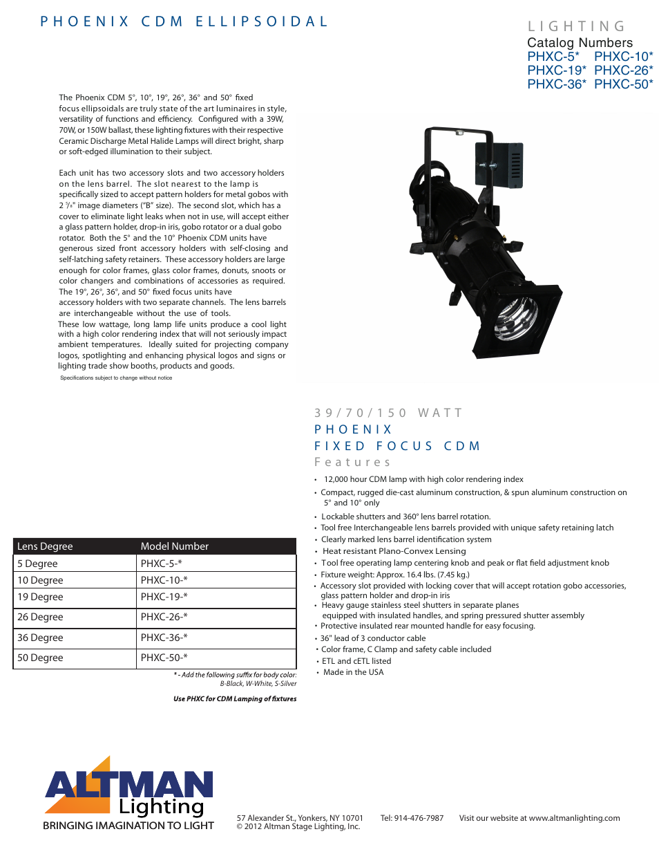 Altman Lighting Ellipsoidal - PHX CDM User Manual | 2 pages