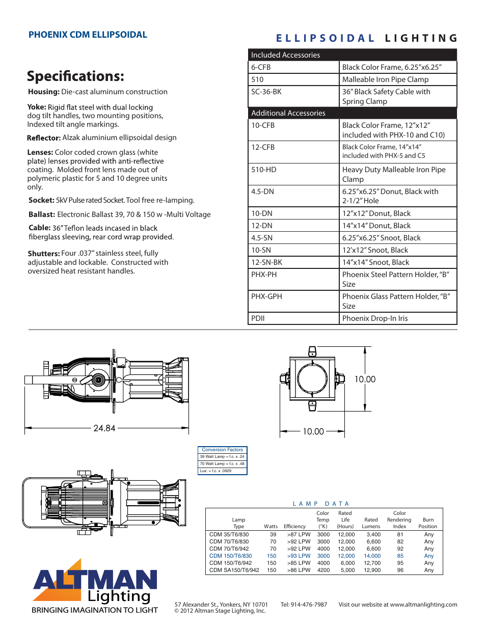 Lighting, Phoenix cdm ellipsoidal | Altman Lighting Ellipsoidal - PHX CDM User Manual | Page 2 / 2