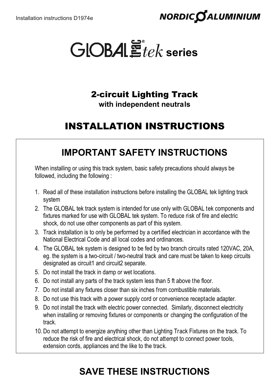 Series, Save these instructions, Circuit lighting track | Altman Lighting Track Lighting: GLOBALtrac tec 2-circuit / 2-neutral track system User Manual | Page 2 / 8