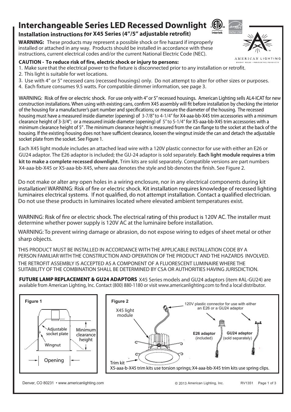 American Lighting X45 Series User Manual | 3 pages