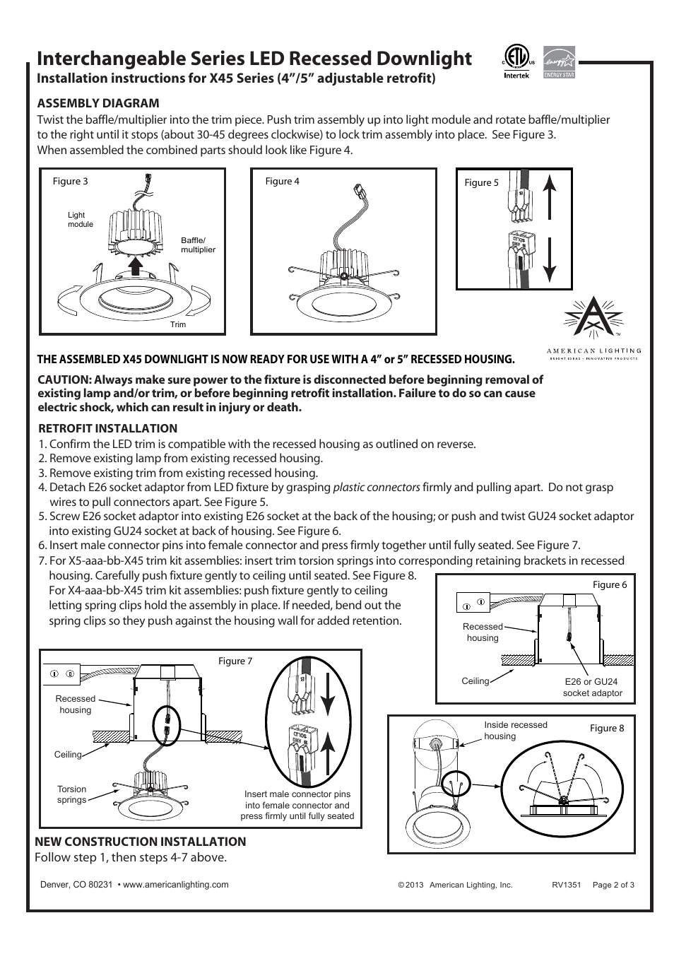 Interchangeable series led recessed downlight, Assembly diagram | American Lighting X45 Series User Manual | Page 2 / 3