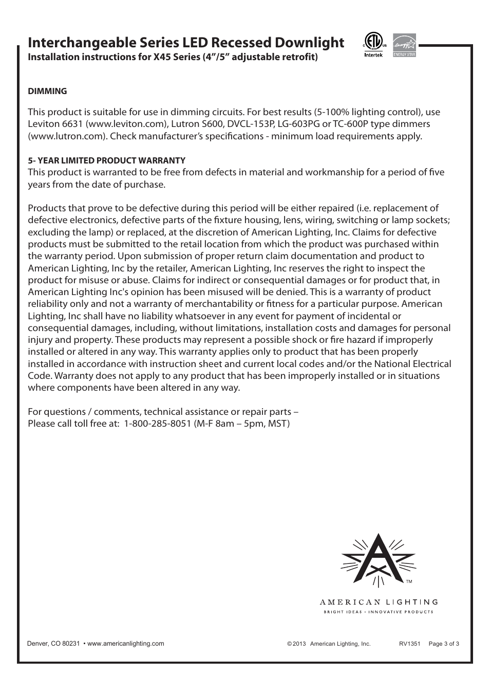 Interchangeable series led recessed downlight | American Lighting X45 Series User Manual | Page 3 / 3