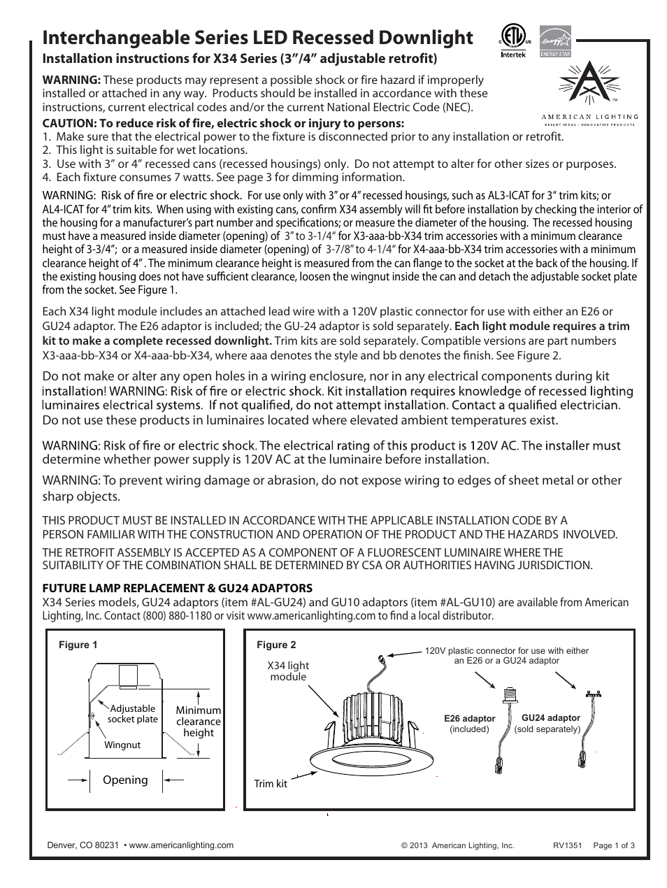 American Lighting X34 Series User Manual | 3 pages