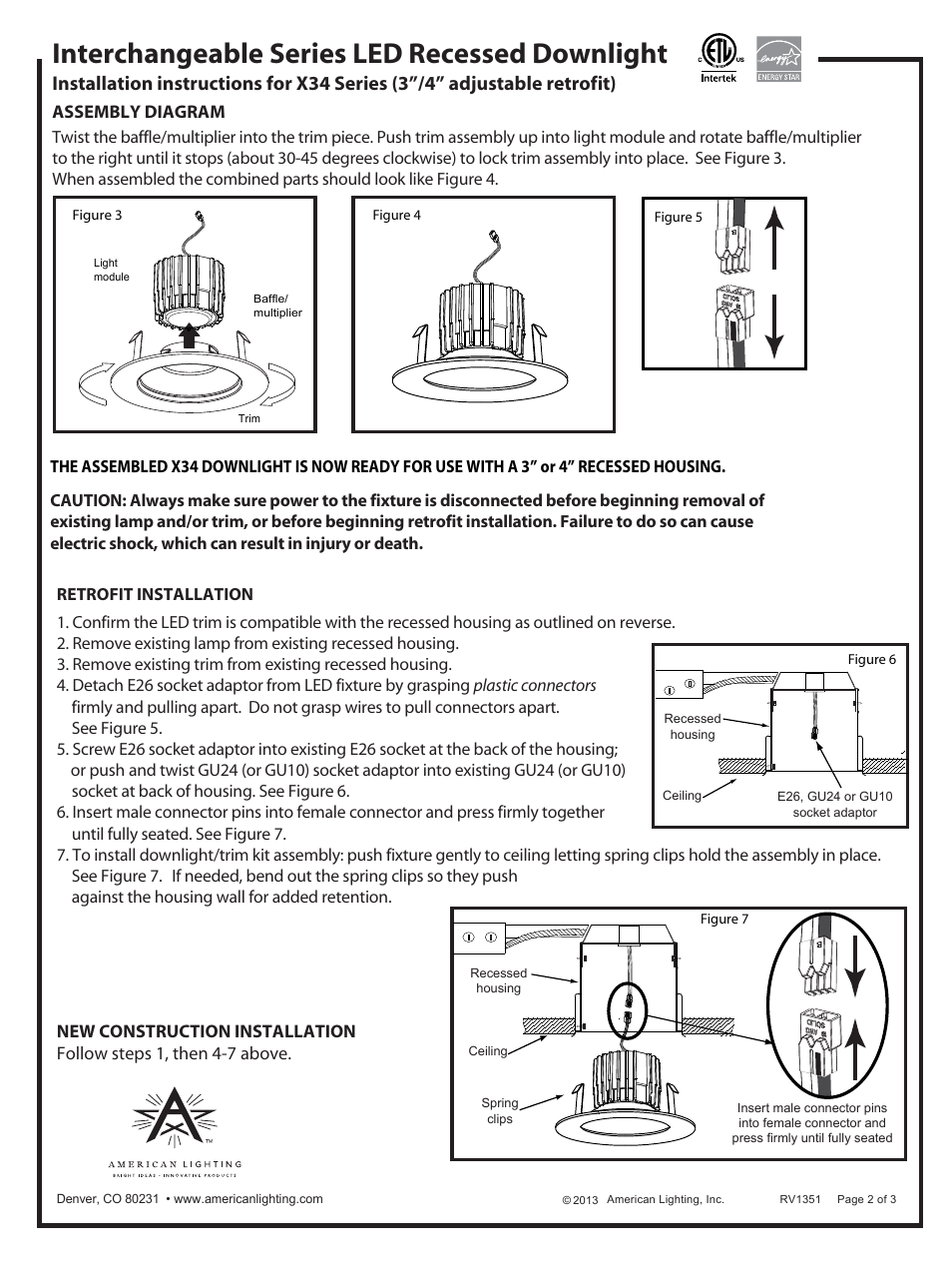 Interchangeable series led recessed downlight, Assembly diagram | American Lighting X34 Series User Manual | Page 2 / 3