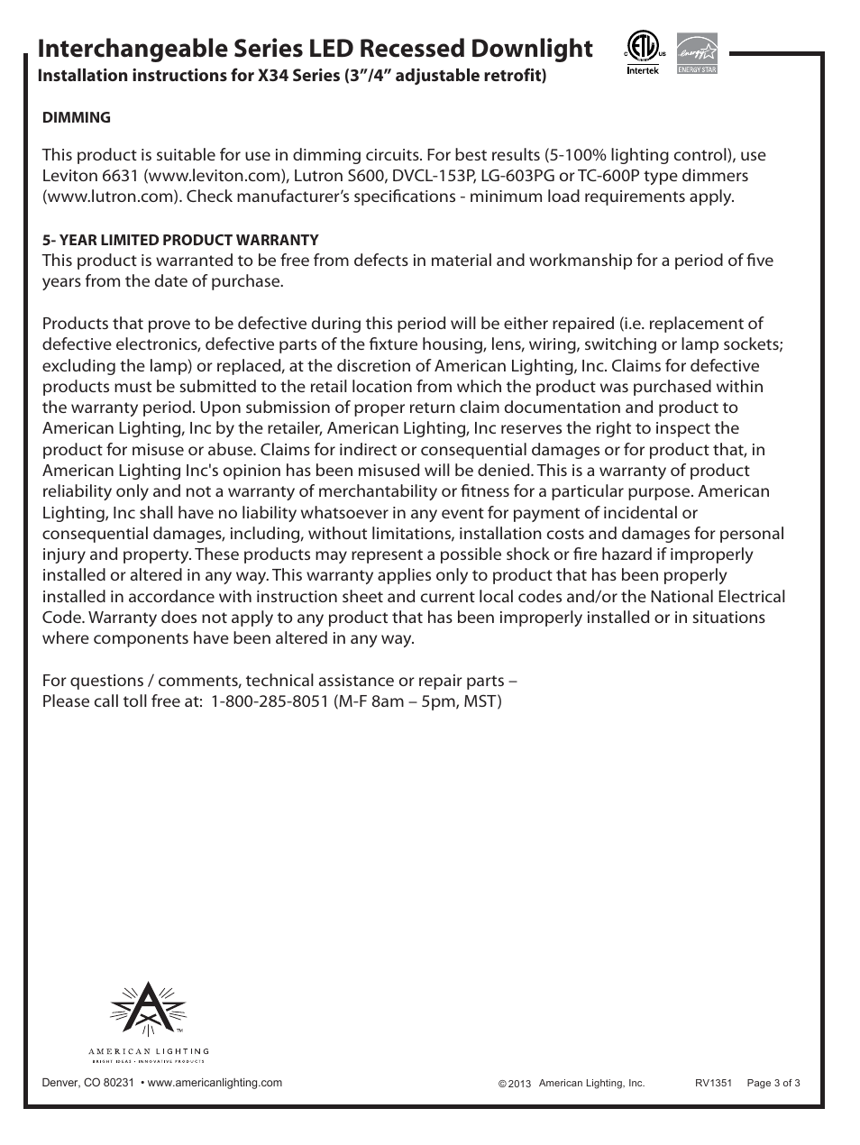 Interchangeable series led recessed downlight | American Lighting X34 Series User Manual | Page 3 / 3