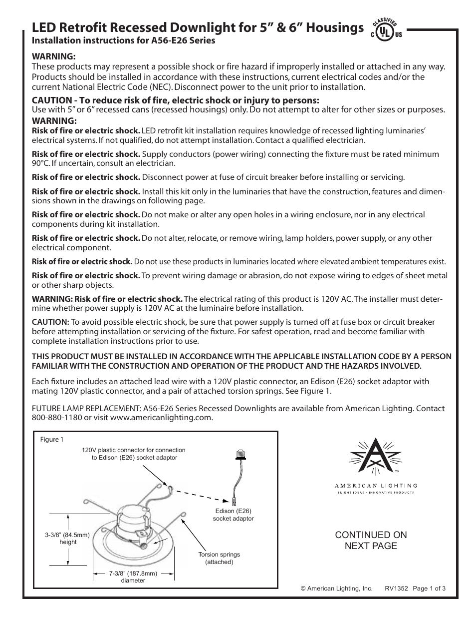 American Lighting A56-E26 Series User Manual | 3 pages