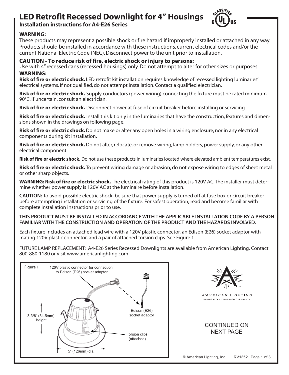 American Lighting A4-E26 Series User Manual | 3 pages