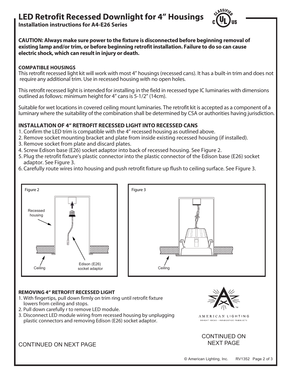 Led retrofit recessed downlight for 4” housings | American Lighting A4-E26 Series User Manual | Page 2 / 3