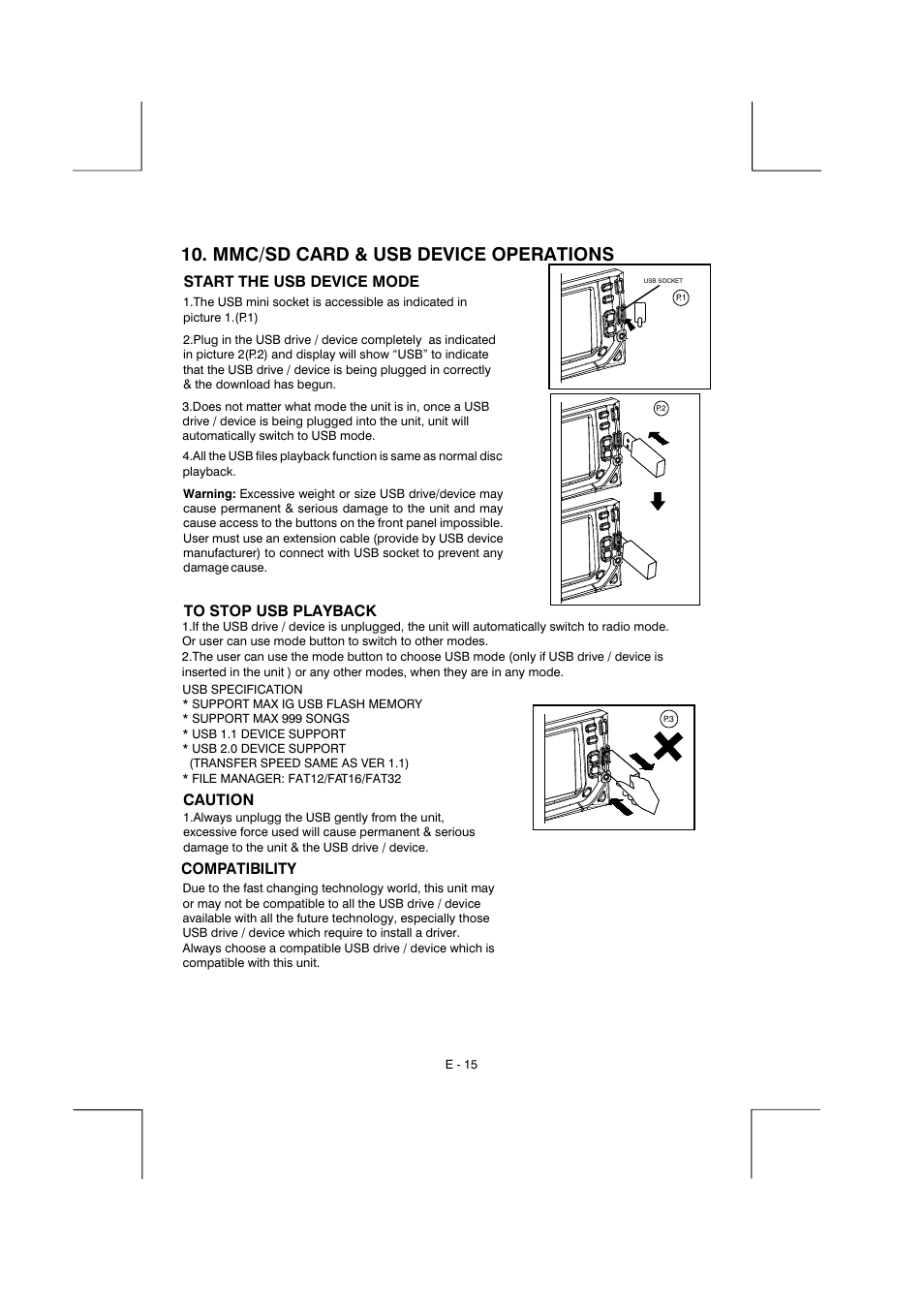 Mmc/sd card & usb device operations, Start the usb device mode, Caution compatibility | Boss Audio Systems BV9150 User Manual | Page 18 / 29