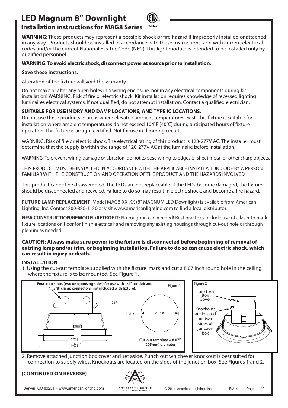 American Lighting MAG8 Series User Manual | 2 pages