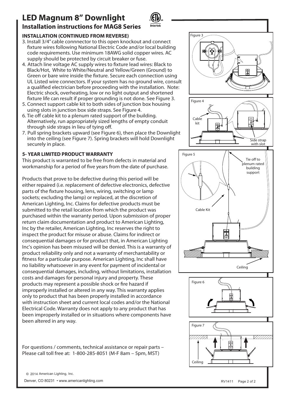 Led magnum 8” downlight, Installation instructions for mag8 series | American Lighting MAG8 Series User Manual | Page 2 / 2