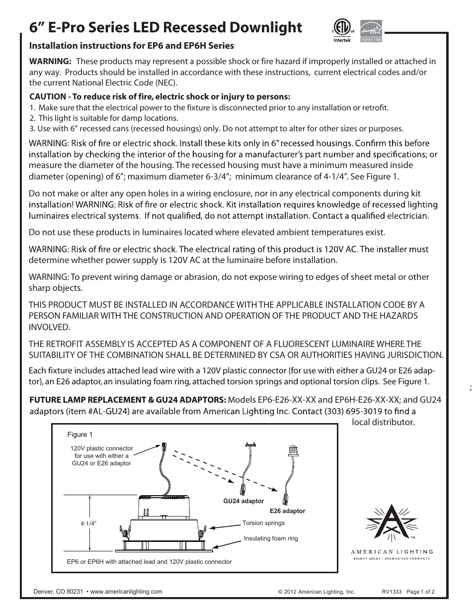 American Lighting EP6 User Manual | 2 pages