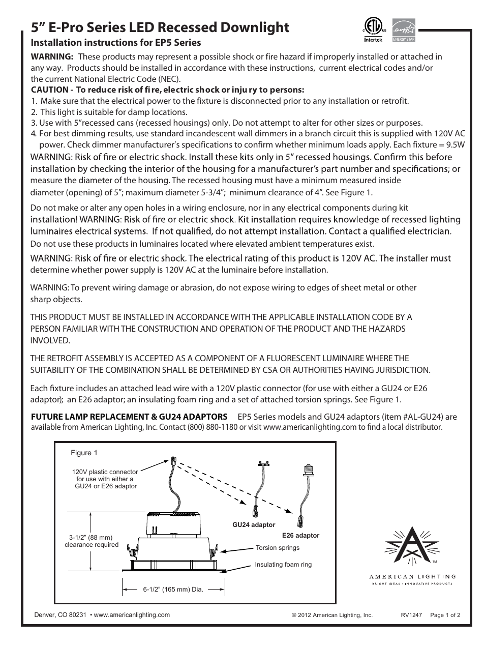 American Lighting EP5 Series User Manual | 2 pages