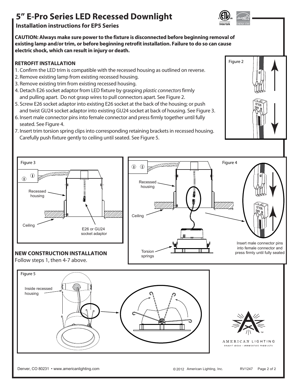 5” e-pro series led recessed downlight, Installation instructions for ep5 series | American Lighting EP5 Series User Manual | Page 2 / 2