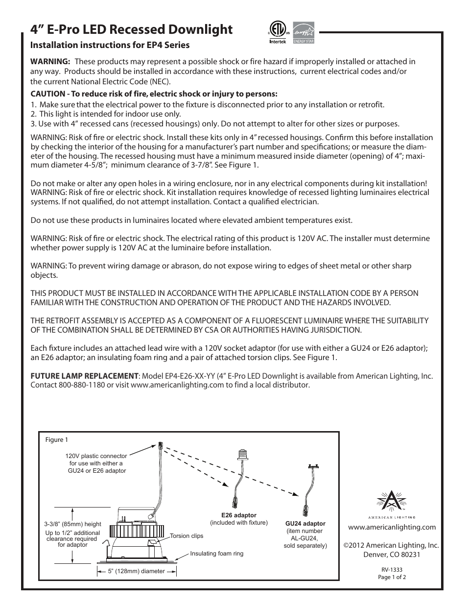 American Lighting EP4 Series User Manual | 2 pages