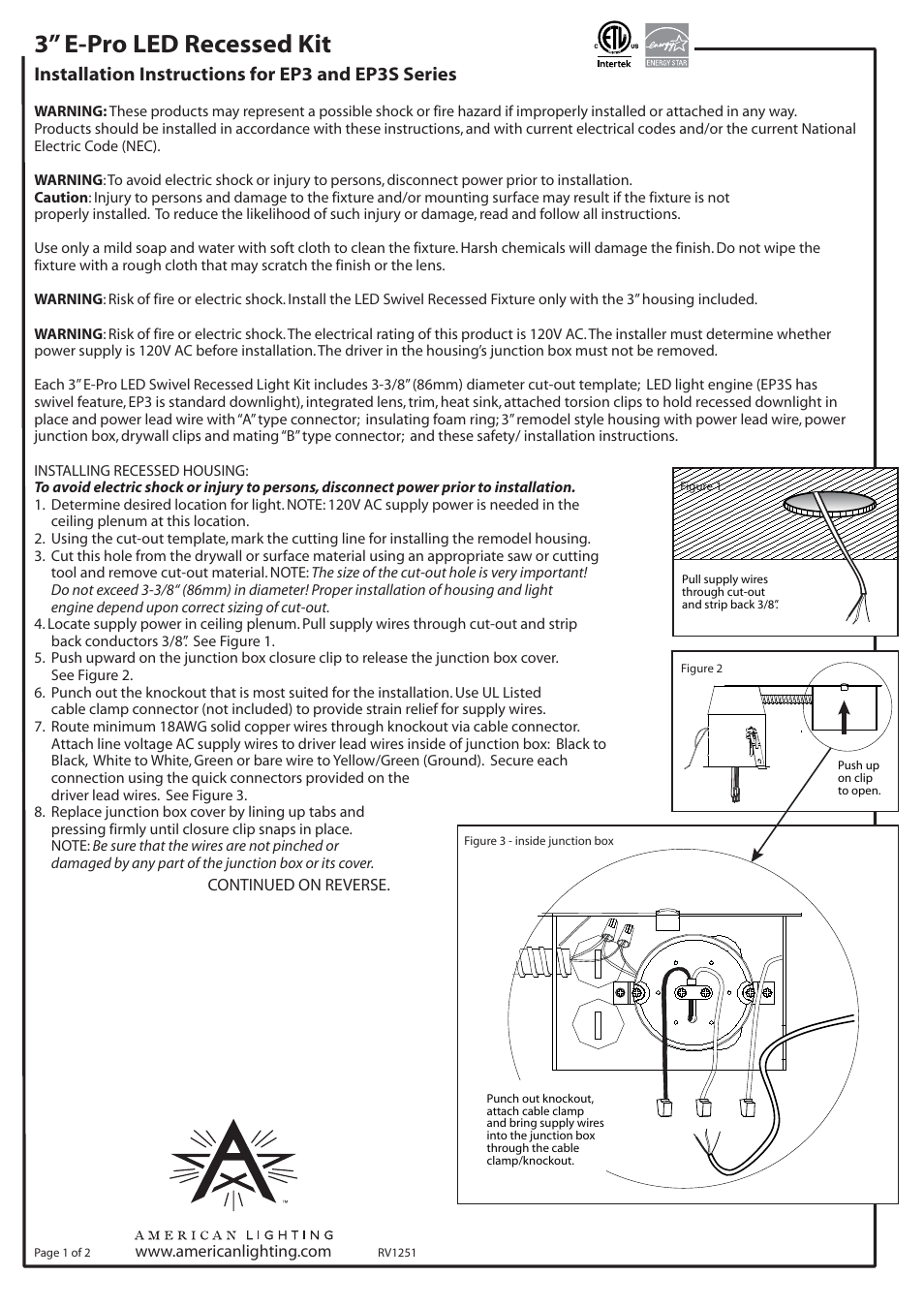 American Lighting EP3S Series User Manual | 2 pages