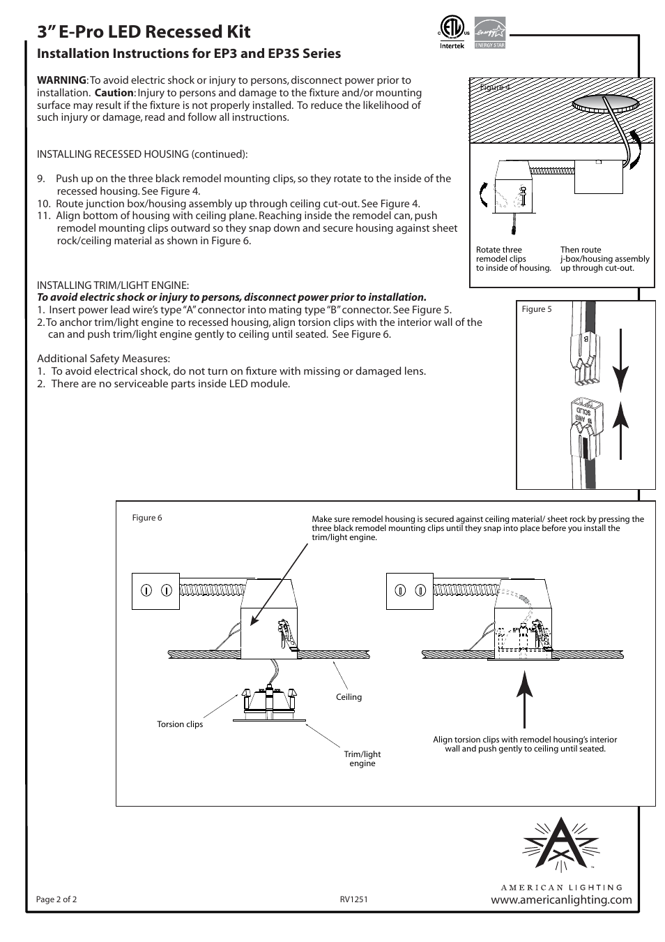 3” e-pro led recessed kit, Installation instructions for ep3 and ep3s series | American Lighting EP3S Series User Manual | Page 2 / 2