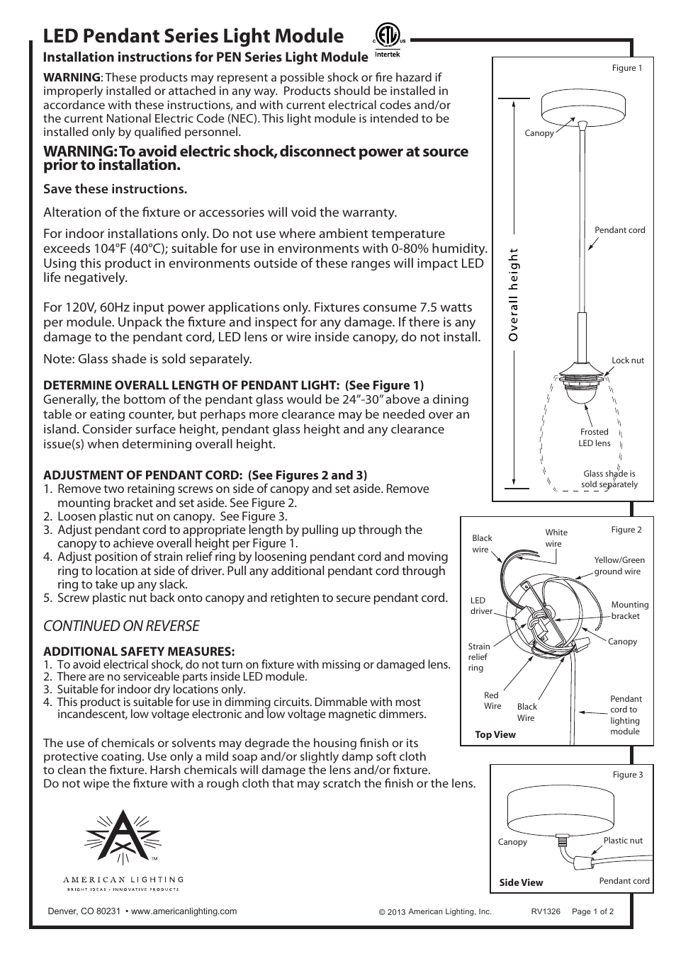 American Lighting LED Pendant Series Light Module User Manual | 2 pages