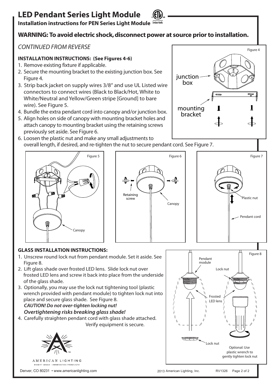 Led pendant series light module, Continued from reverse | American Lighting LED Pendant Series Light Module User Manual | Page 2 / 2