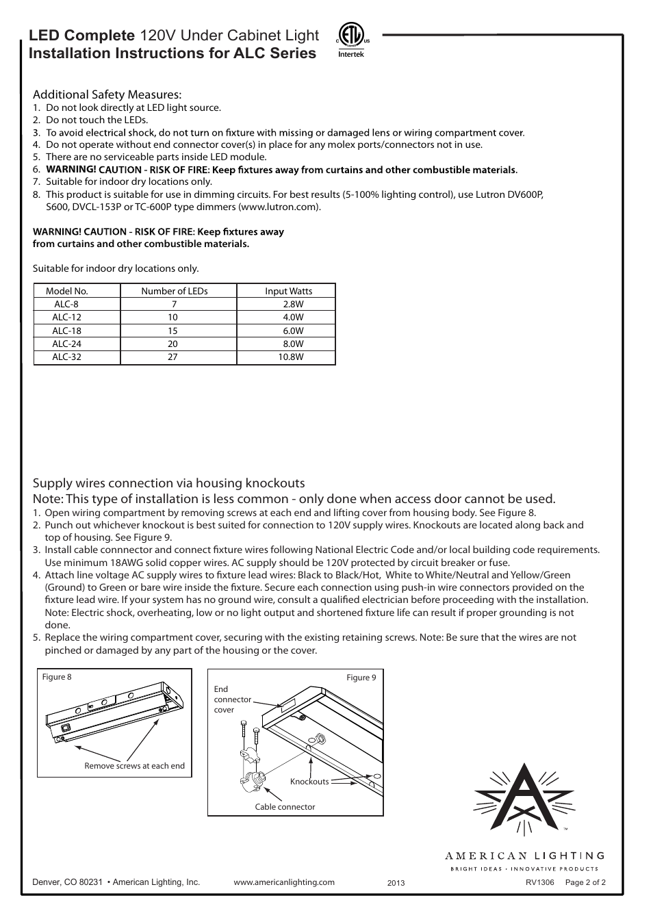 Additional safety measures | American Lighting ALC Series User Manual | Page 2 / 2