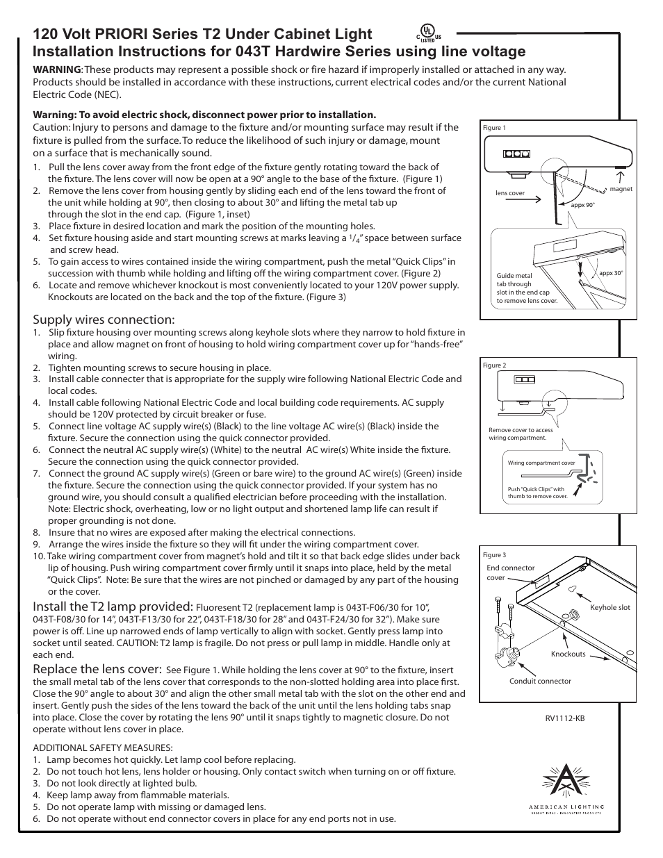 American Lighting PRIORI Series T2 Hardwire User Manual | 1 page