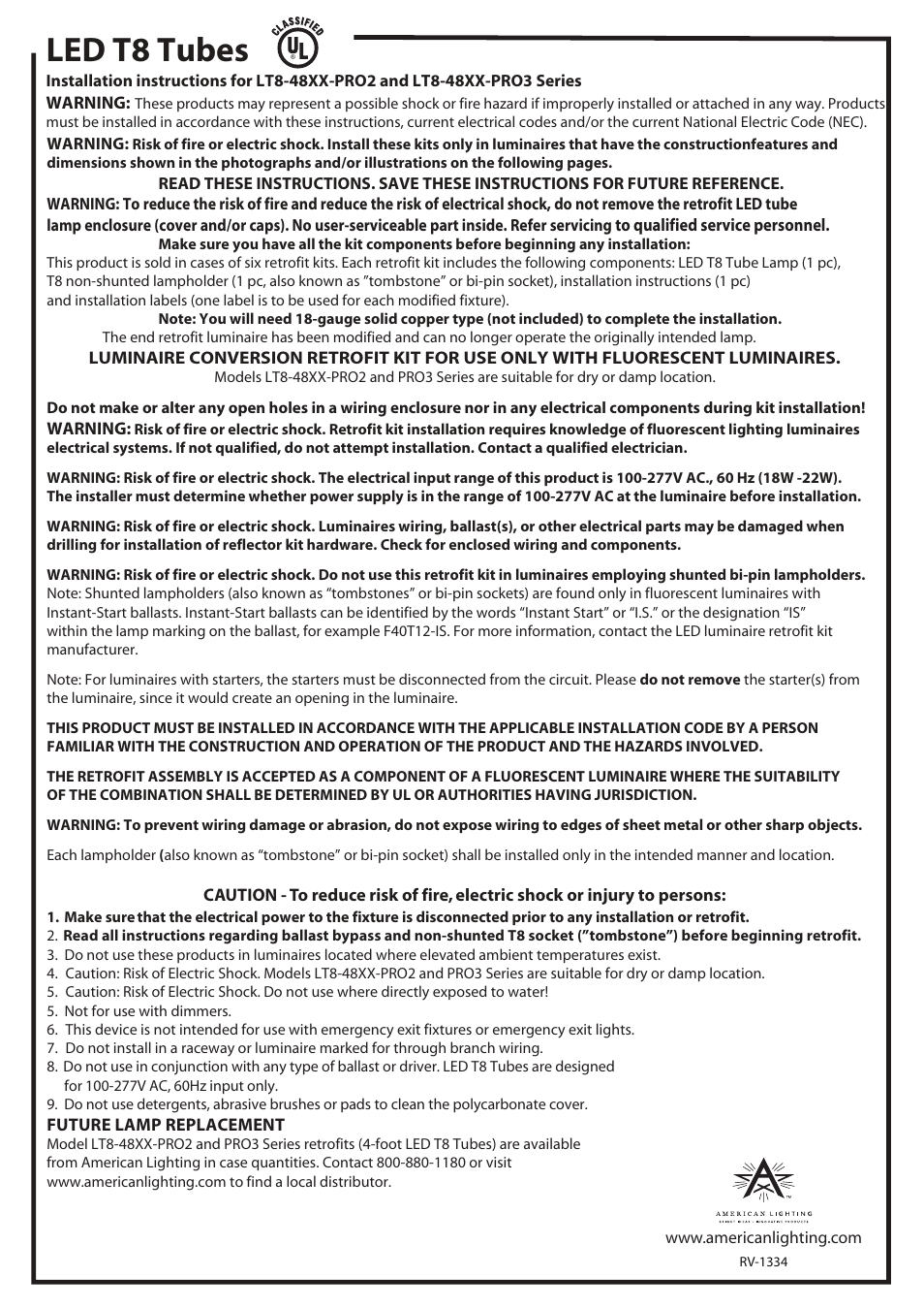 American Lighting LT8-48XX-PRO3 Series User Manual | 2 pages