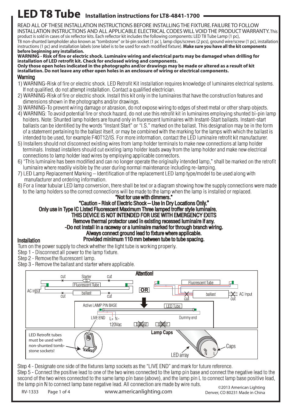 American Lighting LT8-4841-1700 User Manual | 4 pages