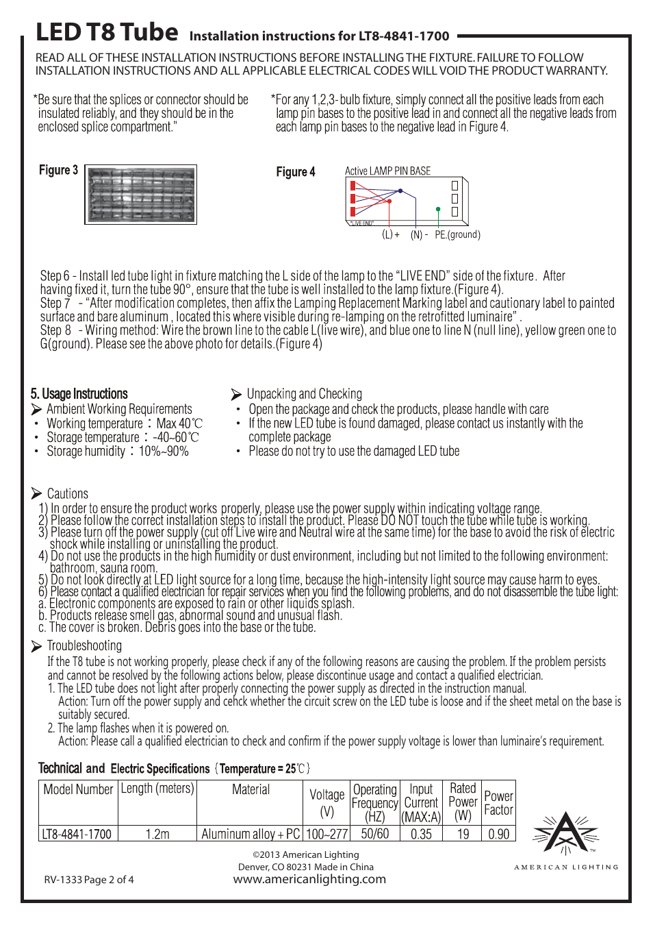 Led t8 tube | American Lighting LT8-4841-1700 User Manual | Page 2 / 4