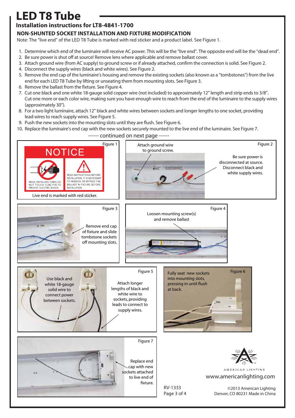 Led t8 tube, Continued on next page | American Lighting LT8-4841-1700 User Manual | Page 3 / 4